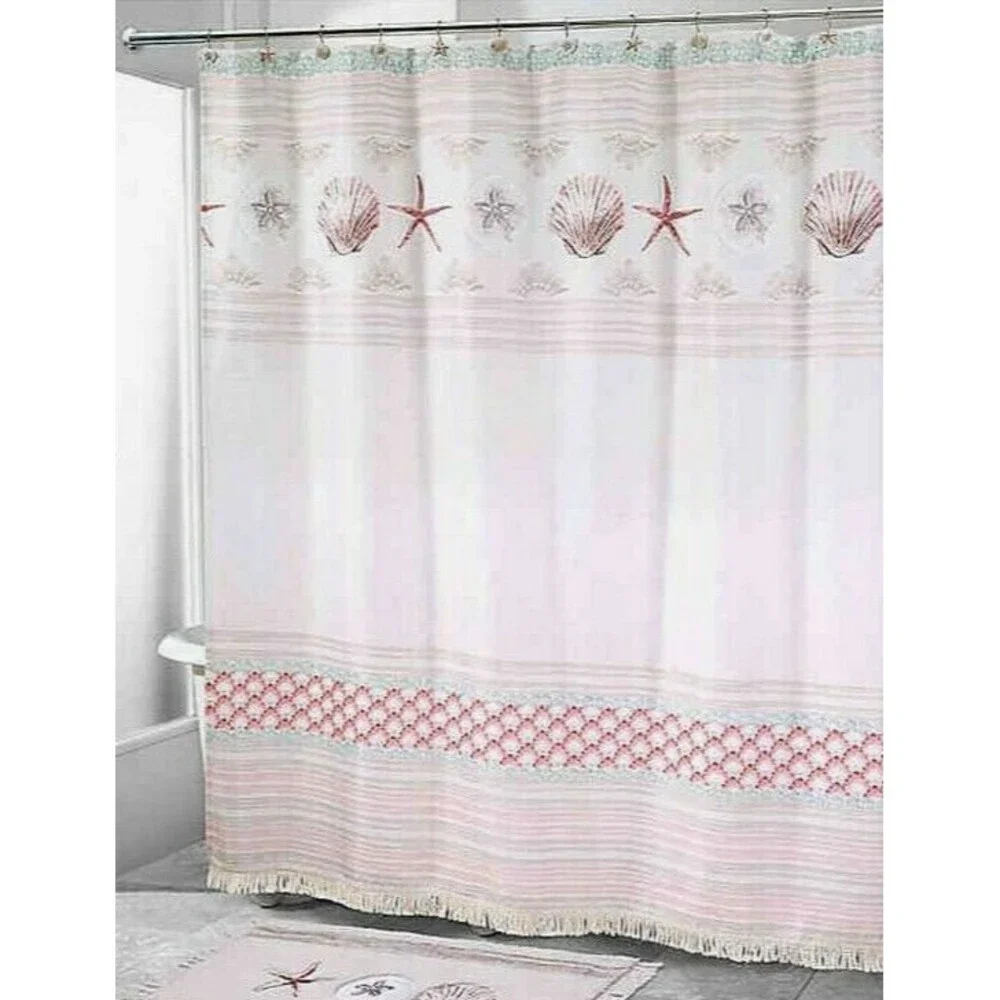 Avanti Coronado Shells Starfish Fabric Shower Curtain 72x72 Fringed Beads Summer